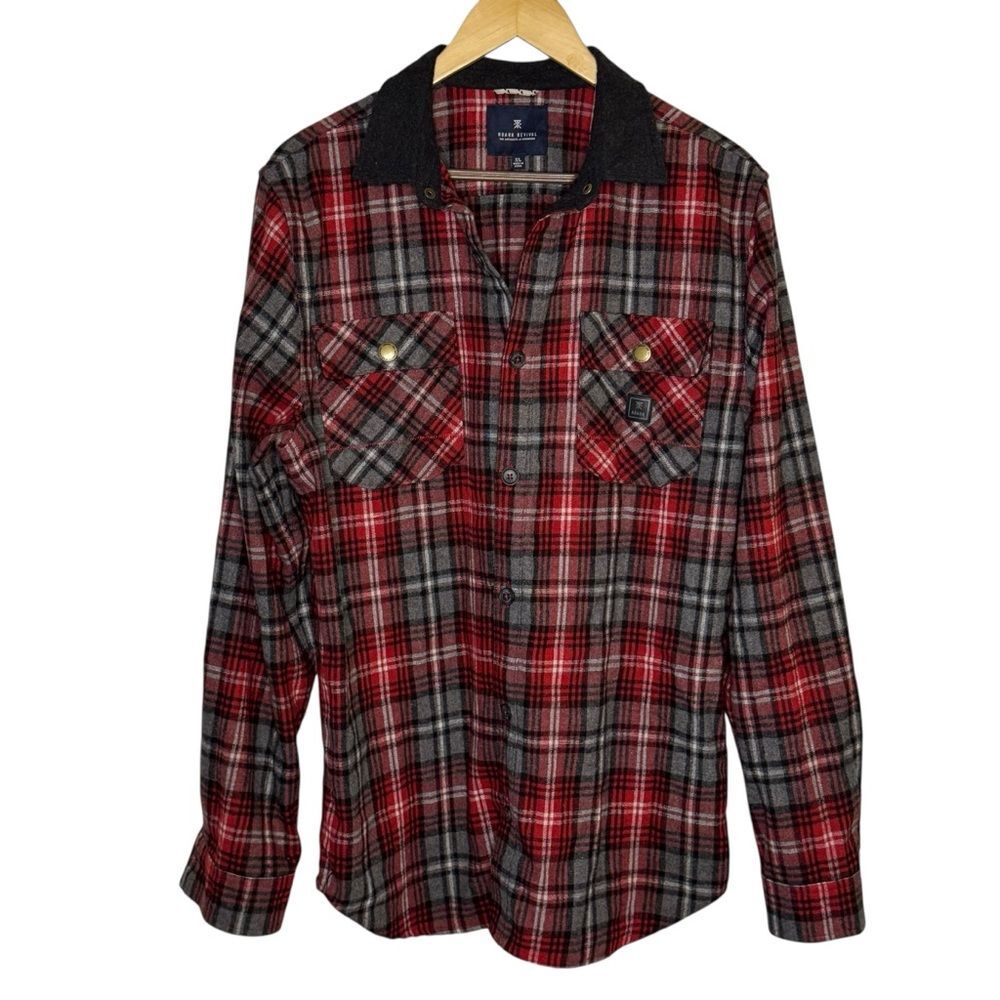 Roark Revival Men's Flannel Shirt Red Black Plaid Sz XL Elbow Patches Wool Blend